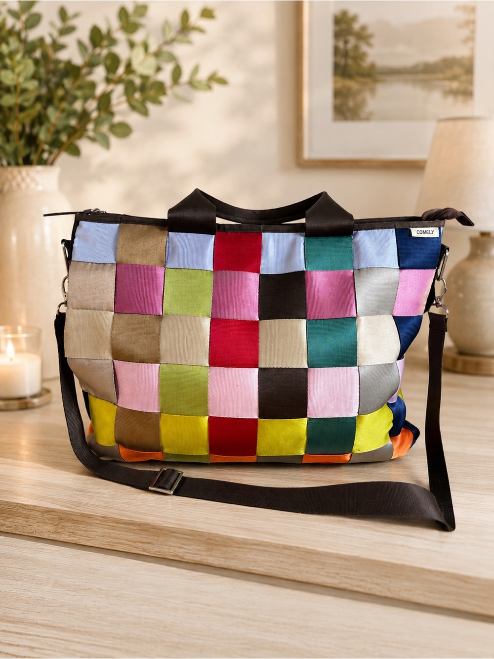 COMELY Colorful Woven Tote Bag with Adjustable Crossbody Strap